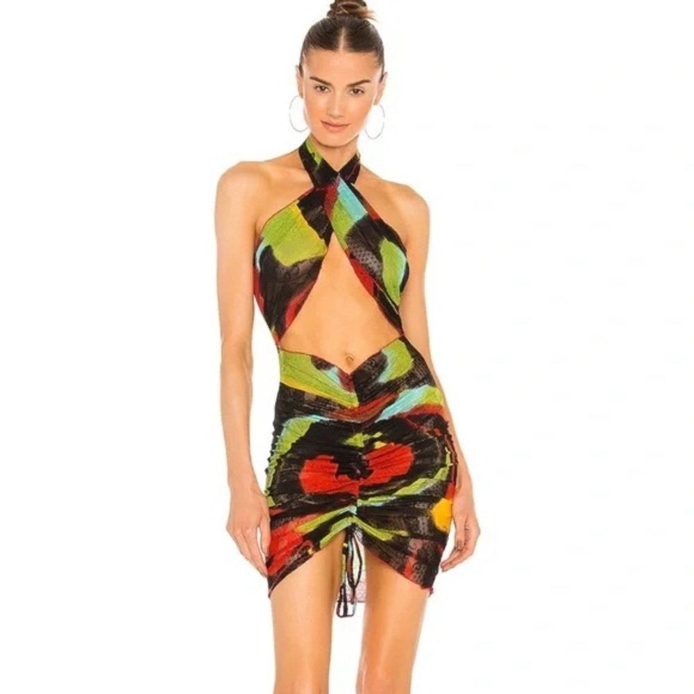 KIM SHUI  Green Swirl Wrap Dress Halter Stretch Mini Cutout Bodycon Mesh Size L